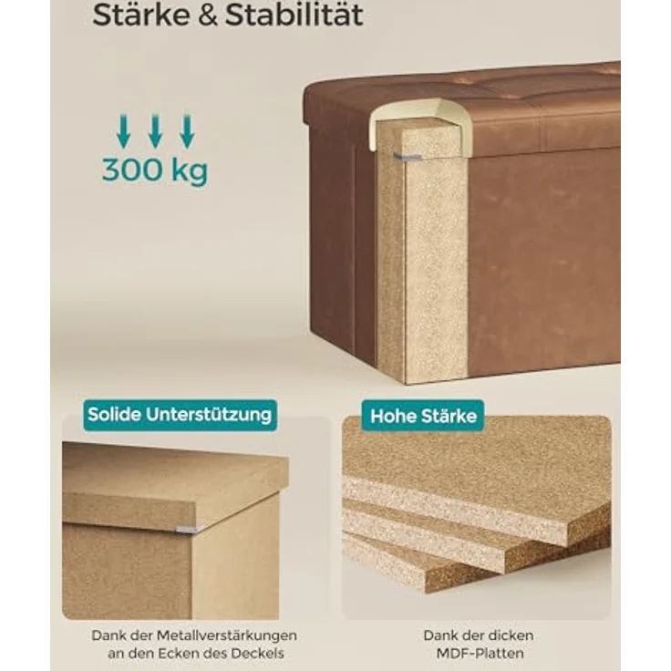 Songmics Sitzhocker mit Stauraum, klappbare Sitzbank, 38 x 76 x 38 cm Fußbank, Aufbewahrungsbox, bis 300 kg belastbar, für Wohnzimmer Schlafzimmer Flur, kaffeebraun LSF040K11 – Bild 5