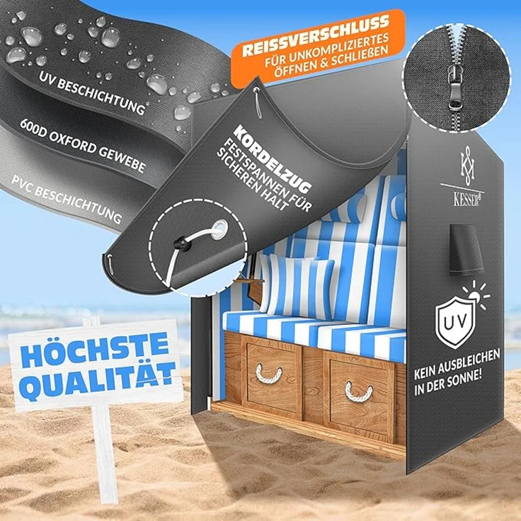 KESSER® Premium Strandkorb Schutzhülle mit Belüftungsöffnungen, wasserdicht, winterfest, UV-beständig, reißfest, Oxford Gewebe Abdeckung, Anthrazit, 135x100x160/150cm – Bild 4