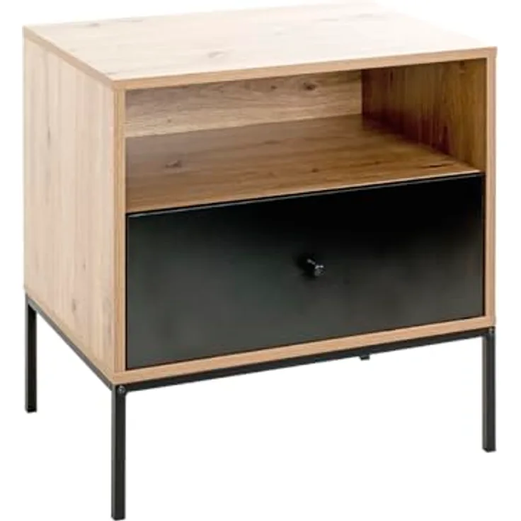 XXXL Beistelltisch Schwarz, Eiche, Metall, mit 1 Schublade und offenem Fach, rechteckig, 42x60x55 cm