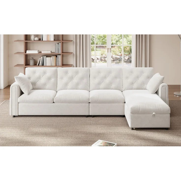 EINHOM Moderns sofa mit Stauraum im Eckbereich , L-förmiger Stauraum im Eckbereich links und rechts verstellbar, Seitliche Armlehnen mit Magazintaschen, Rückenlehne mit Knopfheftung. Beige. (281 x 86 x 71 cm) – Bild 7