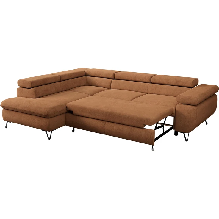 Mks Möbel 'Peter L-form' Ecksofa mit Bettfunktion, Bettkasten & einstellbaren Kopfstützen, Orange, Stoff, mit Topper, links – Bild 6