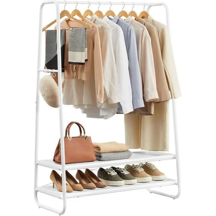 Vasagle Kleiderständer, Garderobenständer, Garderobe, 2 Ablagen, 6 Haken in S-Form, Stahlgestell, für Schlafzimmer, Flur, Eingangsbereich, wolkenweiß-mattweiß