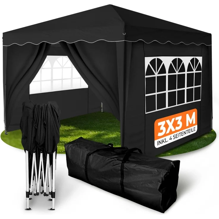 Faltpavillon 3x3 m - wasserdicht - mit 4 Seitenteilen, schwarz – Bild 1