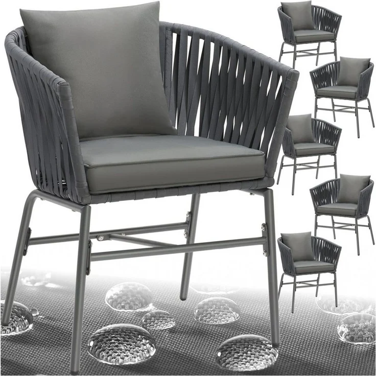 tectake Gartenstuhl Balkonstuhl im Rope-Design, Belastbarkeit je 120 kg, 60 x 61 x 77 cm (Terrassenstuhl Valeiras für Außen in Dunkelgrau/Dunkelgrau, 6 St), höhenverstellbare Füße, abnehmbare Polyesterbezüge, Dicke Sitzpolster – Bild 1