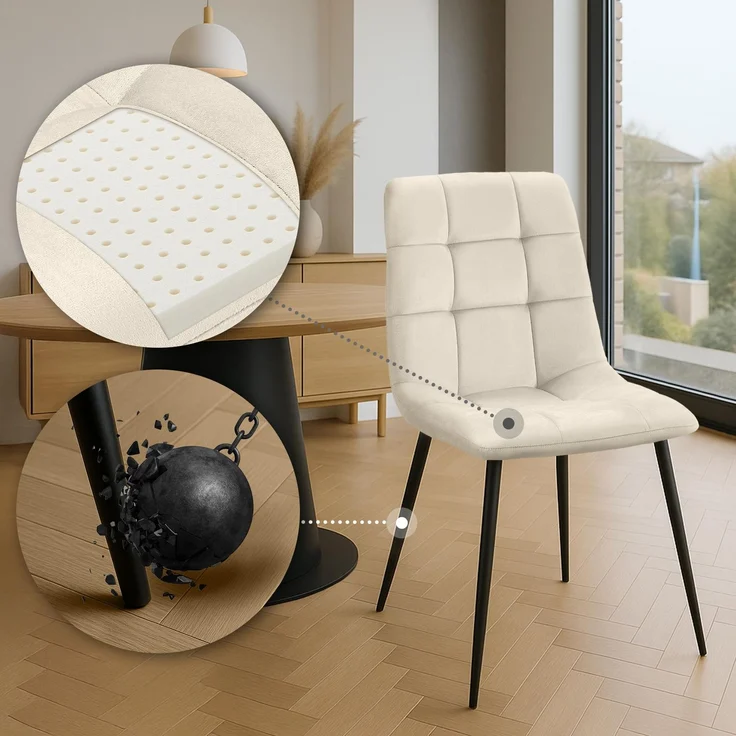 CLP 4er Set Esszimmerstuhl Tilde gepolstert mit Rückenlehne bis 150 kg belastbar,Farbe:creme;Material:Samt – Bild 4