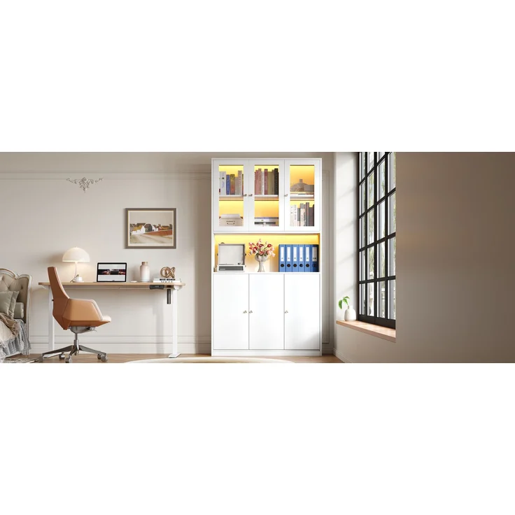 ZUBALIYA Bücherschrank 100×35×200 cm mit Glastüren und LED-Beleuchtung – Standregal mit Vitrine, offenem Fach und 3 Türen, Aktenschrank für Ordner und Bücher, Weiß – Bild 13