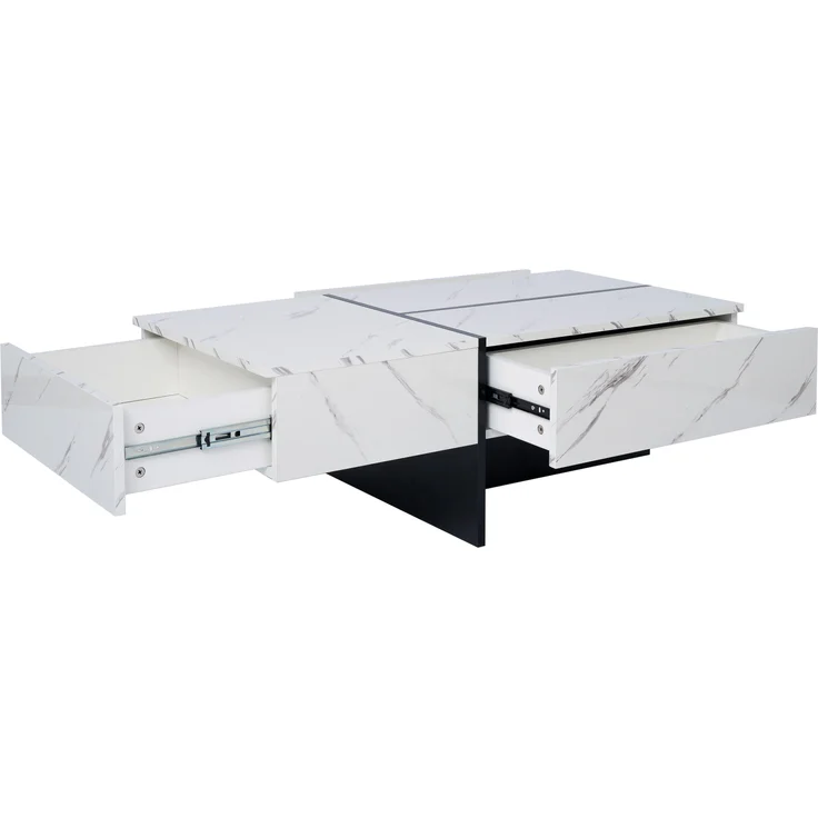 Couchtisch, Spanplatte in Hochglanz marmorähnlicher Optik mit LED-Beleuchtung & 3 Schubladen, 100x50x34,5 cm, Weiß – Bild 9