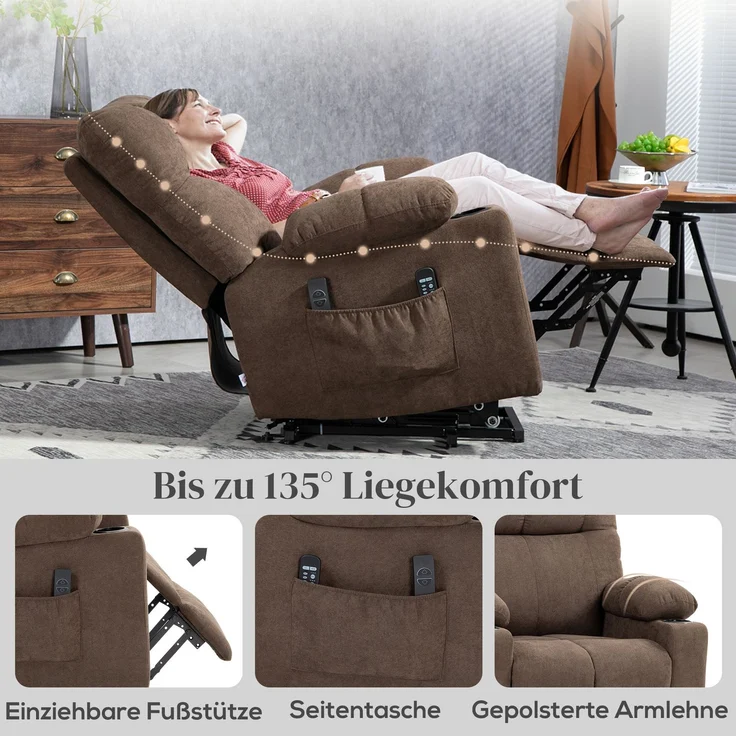 HOMCOM Sessel mit Aufstehhilfe, Polyester, Metall, Braun, 91L x 95B x 109H cm – Bild 6