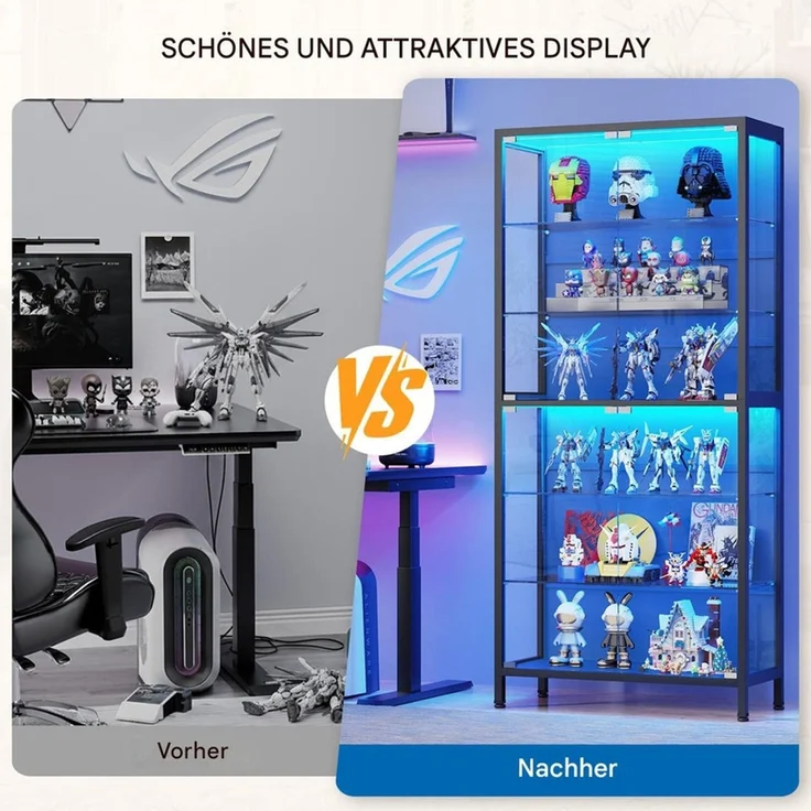 Glasvitrine 75x35x181 cm, 6-stöckige Vitrine mit LED-Beleuchtung, verstellbaren Glasböden und Sensor, Schwarz – Bild 7