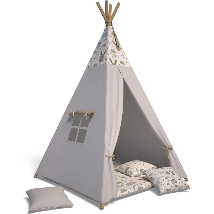 Best For Kids Spielzelt Tipi Zelt Indianer Wigwam für Kinder mit Zubehör (Grau Tierchen)