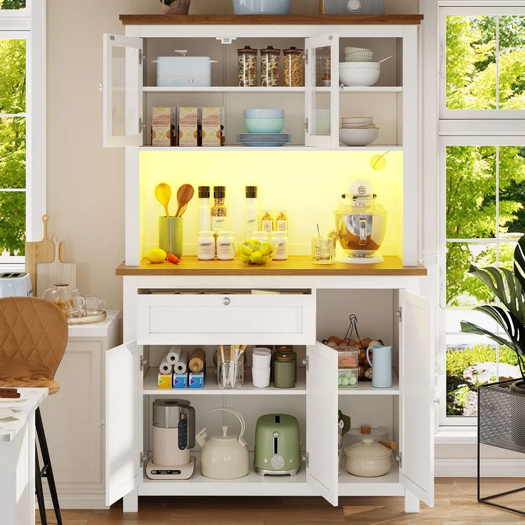Küchenschrank(104×40×180cm), Hochschrank Küchenbuffet, Vitrinenschrank, Buffetschrank mit Verstellbaren Ablagen, Sideboard mit LED-Beleuchtung,Variable Lichtfarben,weiß--Weiß--104x40x180cm--YOUDENOVA – Bild 3
