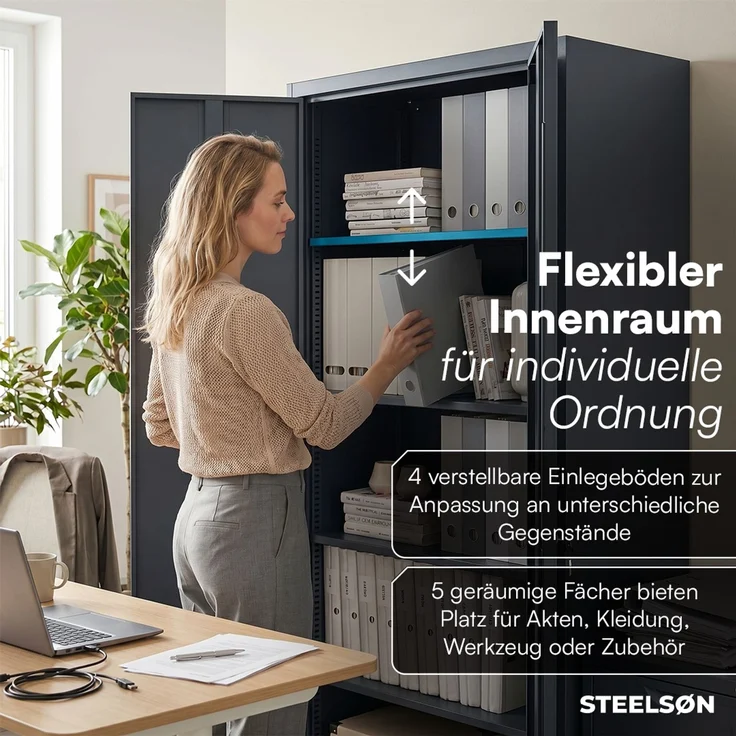 STEELSØN 'Regulus' Aktenschrank, Metall, anthrazit, 175x40x80 cm, abschließbar, Metallschrank mit 5 Fächern, geeignet als Werkzeugschrank – Bild 4
