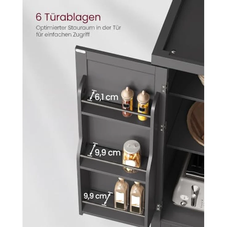 VASAGLE Küchenschrank, Schrank mit Schublade, Mehrzweckschrank freistehend, Ober- und Unterschrank, 4 verstellbare Ablagen, 6 Türfächer, Wohnzimmer Küche, 40 x 76 x 182,1 cm, tintenschwarz BBK561B01 – Bild 5