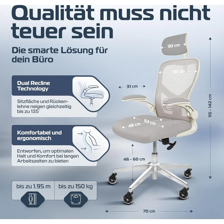 CLOUVOU SmartSeat Bürostuhl Ergonomisch [TESTSIEGER] Schreibtischstuhl 100% individuell einstellbar | Büro Stuhl & Gaming Stuhl | Computerstuhl Home Office Chair Ergonomic | Drehstuhl 150 kg – Bild 2