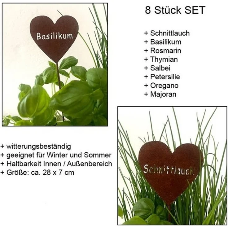 LB H&F Lilienburg Gartenstecker 8er SET Kräuterstecker Kräuterschilder Topfstecker Kräuter (beschriften Pflanzen Stecker Kräutertopf Gartenkräuter Küchenkräuter Deko Metall Roststecker Gartendeko Gartenstecker ROST HERZ, Kräuteretiketten Pflanzschilder... – Bild 3