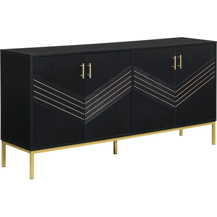 ZUBALIYA Sideboard 160x40x80,5 cm, mit verstellbaren Einlegeböden, mit 4 Türen, aus MDF, Schwarz / Holzfarben – Bild 24