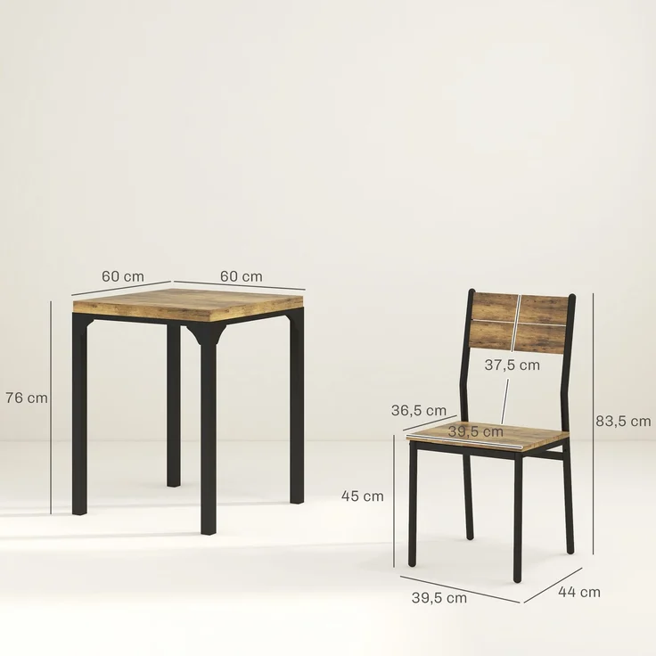 MELAYR, 3-teilige Essgruppe, Esstisch-Set, 1 Tisch, 2 Stühle, MDF+Metall, Braun, 60 x 60 x 76 cm, Rustikal-Braun – Bild 5