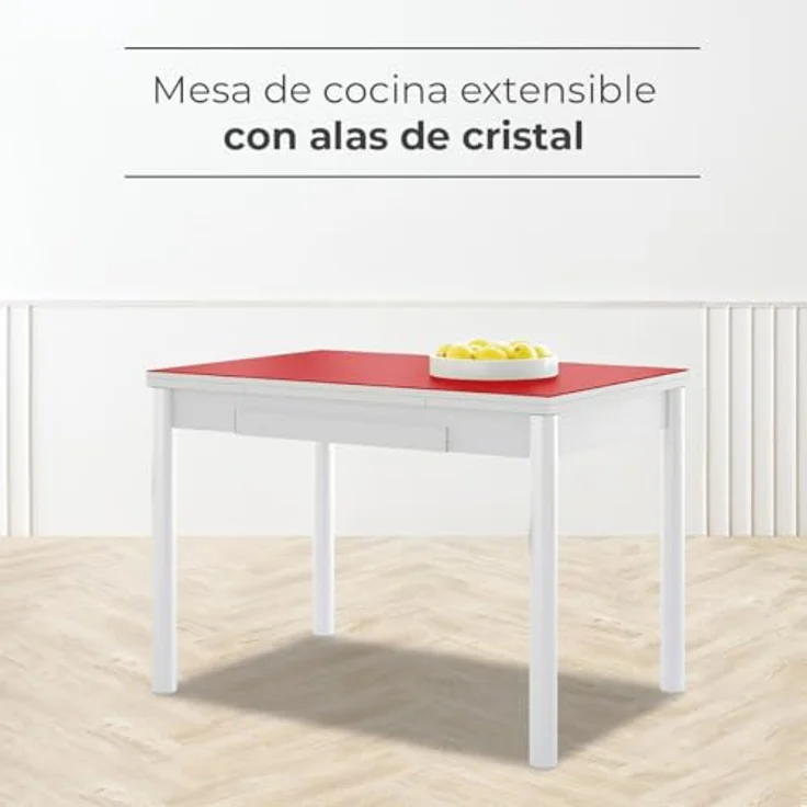 ASTIMESA Ausziehbarer Küchentisch, weißes Gestell mit Glasplatte, rot, ideal für kleine Räume, 90 x 50 cm, ausziehbar 140 x 50 cm – Bild 2