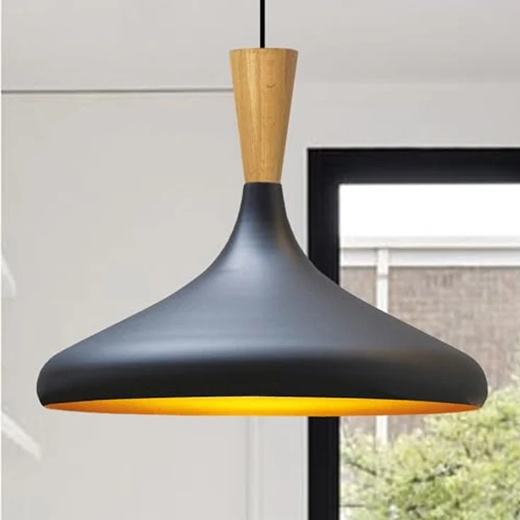 bamyum Champion Pendelleuchte, 35 cm Hängelampe aus Holz und Metall, E27 Fassung, moderne skandinavische Deckenlampe in Schwarz für Esstisch, Schlafzimmer, Wohnzimmer und Küche – Bild 1
