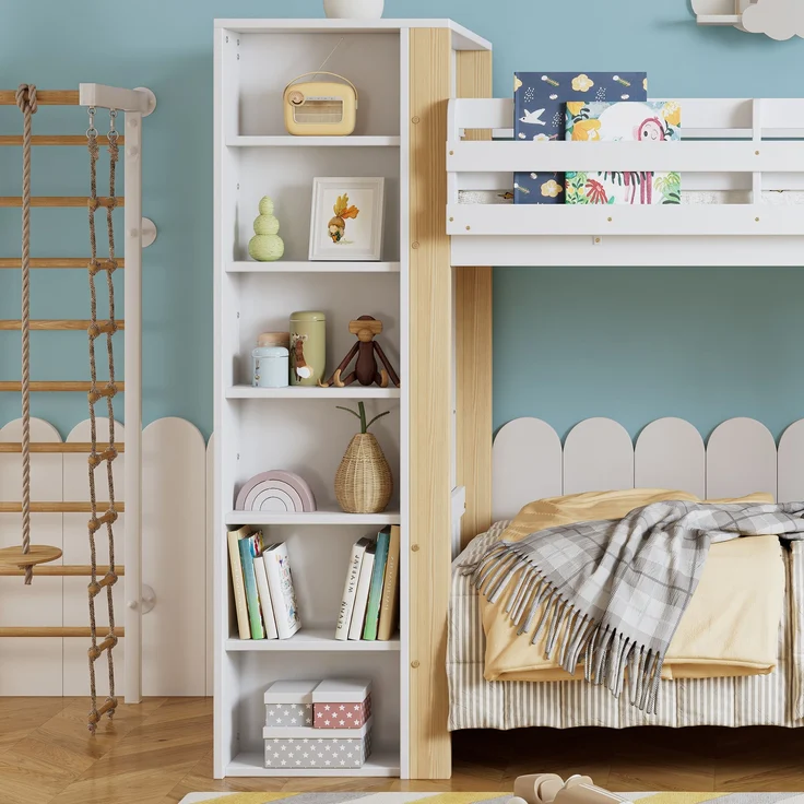 Bett Etagenbett 90x200 cm mit Stauraum und Kleiderschrank – Weiß/Natur, kinderfreundlich und platzsparend – Bild 3