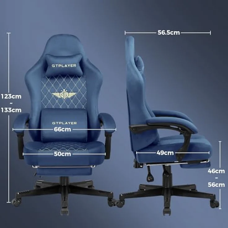 GTPLAYER Gaming-Stuhl, Stoff, Gaming-Stuhl, ergonomisch, Büro, PC, 150 kg, Verstellbarer und drehbarer Tischstuhl mit Feder-Sitzkissen und Fußstütze, Blau – Bild 3