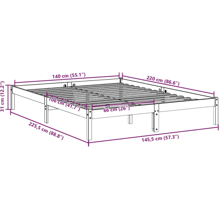 vidaXL Massivholzbett Extra Lang ohne Matratze Weiß 140x220 Kieferholz 852421 – Bild 8