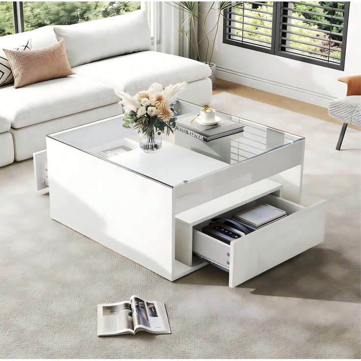 Couchtisch 70x70x35 cm in Weiß mit LED, Schubladen und Glasplatte