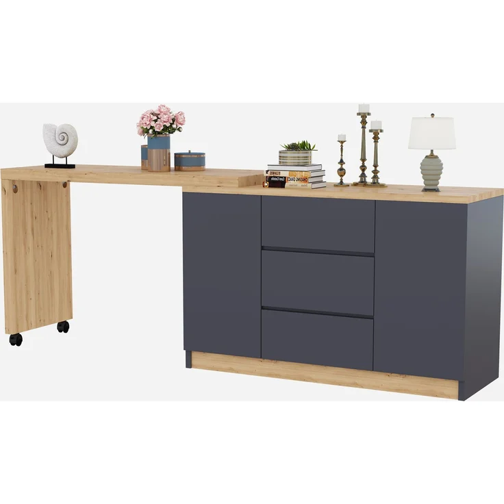 Schreibtisch 120 x 50 x 76,5 cm, 360° dreh- und klappbar, 3 Schubladen, 2 Türen, 4 cm Tischplatte, 2 feststellbare Rollen, Spanplatte, Grau/Eiche – Bild 9