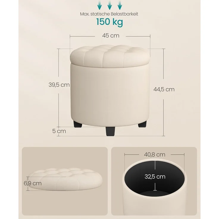 SONGMICS Sitzhocker rund, Fußhocker mit Stauraum, Schminkhocker mit Füßen, 45 x 45 x 44,5 cm, Leinenimitat, bis 150 kg belastbar, für Wohnzimmer Schlafzimmer, hellbeige – Bild 3