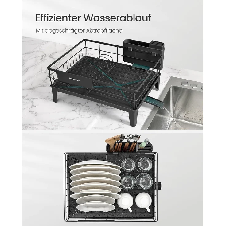 SONGMICS Abtropfgestell Geschirr, Geschirr-Abtropfständer, 360° drehbarer und ausziehbarer Ablauf, Abtropfschale, Besteckhalter, Küche, 31 x 42 x 18,5 cm – Bild 4