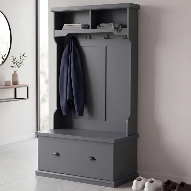 Garderobe HWC-P27, Flurgarderobe Holzgarderobe Sitzbank, 4 Haken Staufach Ablage Melamin 163x100x47cm ~ dunkelgrau