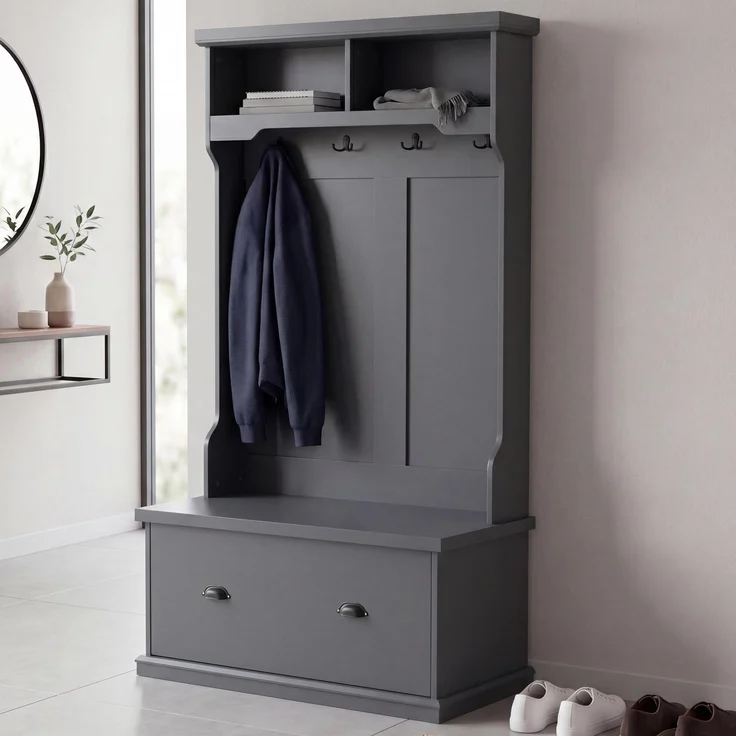 Garderobe HWC-P27, Flurgarderobe Holzgarderobe Sitzbank, 4 Haken Staufach Ablage Melamin 163x100x47cm ~ dunkelgrau – Bild 1
