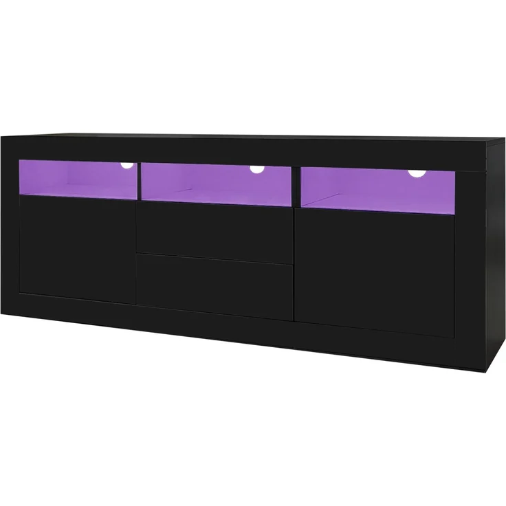 Merax 160*35*60cm Hochglanz-TV-Schrank mit LED-Beleuchtung, 3 offenen Fächern, 2 Türen, 2 Schubladen, Smart App Steuerung, für 70-Zoll-Fernseher, Hochglanz-TV-Ständer, Schwarz – Bild 9