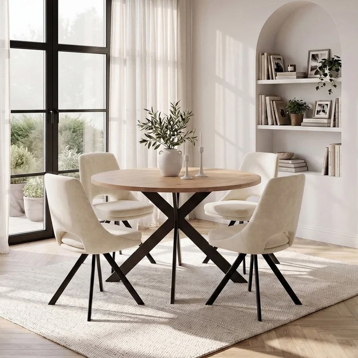 Jiexi Essgruppe Essgruppe Runder Tisch Ø 115cm Eiche Sternfuß & Flanell Stühle – Bild 1