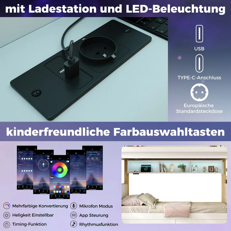 U-life Etagenbett 90x200 cm, fürs Kinderzimmer, Kinderbett, Holzbett, LED-Beleuchtung, USB-Aufladen, Massivholz, Weiß – Bild 9