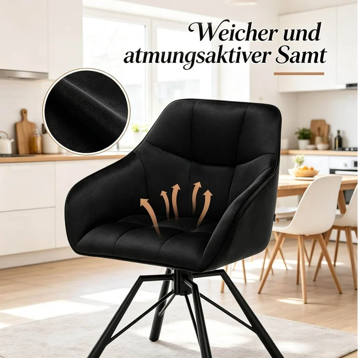 Essstuhl 58,5 x 82,5 x 54,5 cm – drehbar mit Armlehnen, Samtbezug und schwarzem Metallgestell, 2er-Set – Bild 5