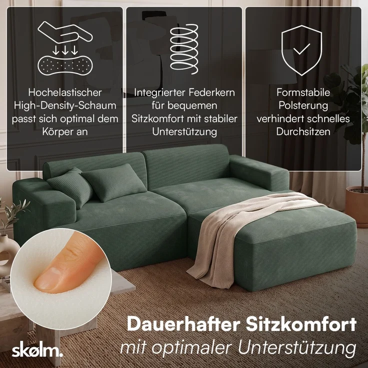skølm 'Freki' Cloud Sofa 2 Sitzer mit Hocker, Vollschaumcouch mit Federkern und Vakuum-Kompression, kein Aufbau erforderlich, mit 2 Kissen, Cord dunkelgrün – Bild 2