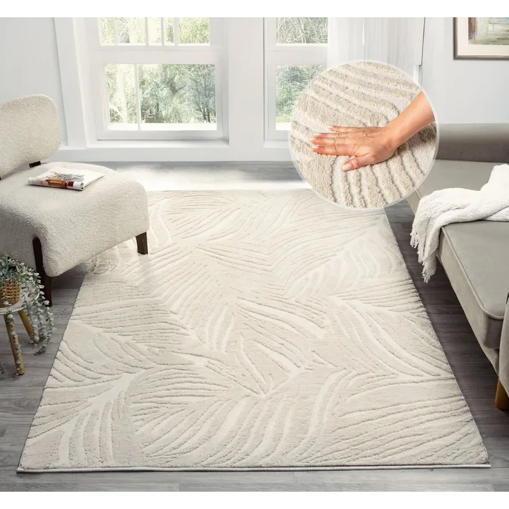 OTTO home Teppich Samia, Hoch-Tief-Struktur, rechteckig, Höhe: 19 mm, leichter Glanz, Floral, Blätter, Modern, Wohnzimmer, Schlafzimmer