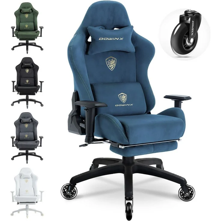 Dowinx Gaming Stuhl,Ergonomischer Wildlederimitat Gamer Chair,Gaming Sessel,Verstellbar Fußstütze und 3D Armlehnen,200KG Tragkraft Bürostuhl mit Geräuschlose Rollen,Schreibtischstuhl,Blau – Bild 1