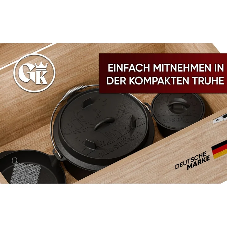 Gusseisen Set 10-teilig in Holzbox – Dutch Oven 4,5 l, Pfanne Ø 26 cm, Grillplatte, Zubehör & Rezeptbuch, ideal für Grill & Outdoor – Bild 10