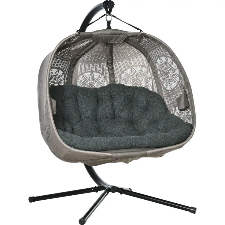 Hängesessel Hängekorb für 2 Personen mit Gestell, faltbare Hängeschaukel & Hängestuhl mit Kissen, Blumen-Strickstoff, Stahl--Sand--132x126x172cm--YOUDENOVA