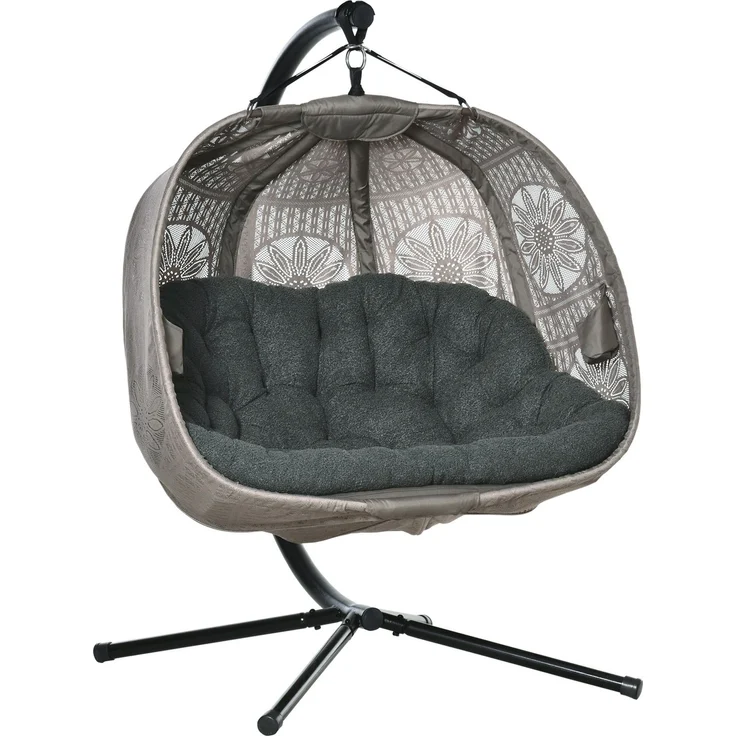Hängesessel Hängekorb für 2 Personen mit Gestell, faltbare Hängeschaukel & Hängestuhl mit Kissen, Blumen-Strickstoff, Stahl--Sand--132x126x172cm--YOUDENOVA – Bild 1