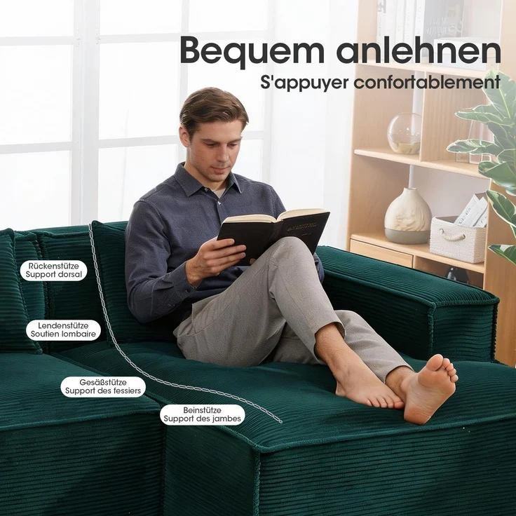LVHOM Ecksofa 2 Sitzer, Modulares Sofa 235 cm breit, L-Form Sofa mit 2 Kissen, Schlafsofa aus Cordstoff, kein Aufbau erforderlich, Dunkelgrün – Bild 5