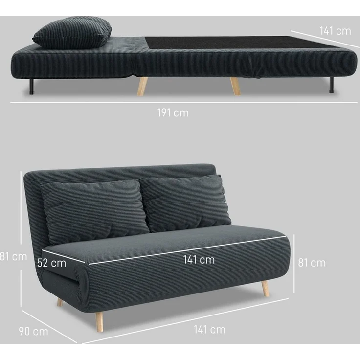 HOMCOM Schlafsofa 2-Sitzer-Sofa mit Bettfunktion, 2 Kissen, Polstersofa 1 Teile, für Wohnzimmer, Schlafzimmer, Dunkelgrau – Bild 2