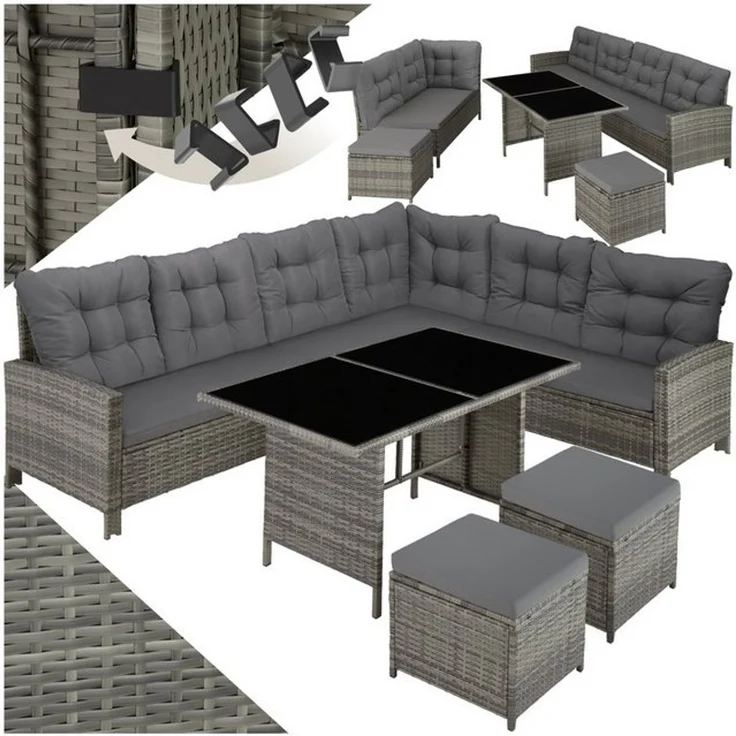 tectake Loungeset Rattan Sitzgruppe mit Sicherheitsglasplatten für 6 bis 8 Personen, (Gartenlounge-set Barletta, 6-tlg, 6-tlg. in Grau-meliert/Grau), widerstandsfähig und UV-beständig, dicke Rückenkissen – Bild 4
