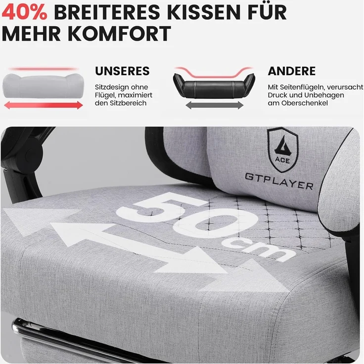 GTPLAYER Gaming-Stuhl Ergonomischer Gaming Sessel Schreibtischstuhl mit Stoffoberfläche (Pacekung), Federsitzkissen mit Fußstütze – Bild 6