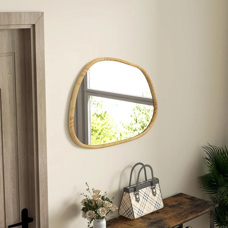 HOMCOM Wandspiegel Asymmetrisch, 70 x 50 cm Badezimmerspiegel mit Holzrahmen (Badezimmerspiegel, 1-St, Dekospiegel), für Bad, Wohnzimmer, Flur, Schlafzimmer, Natur – Bild 6