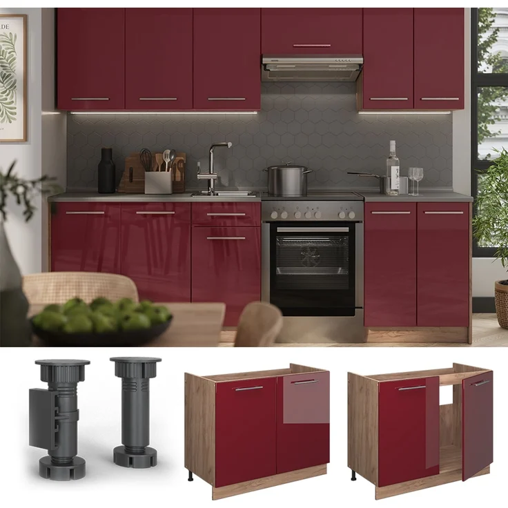 Spülenunterschrank Fame-Line Bordeaux Hochglanz/Goldkraft Eiche 100 cm, AP Marmor Vicco – Bild 4