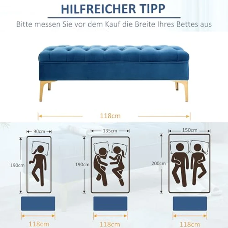 HOMCOM Polsterbank Schlafzimmerbank mit erhöhten Beine (Sitzottomane, 1-St, Sitzbank), Samt Blau 118 x 45 x 42 cm – Bild 4