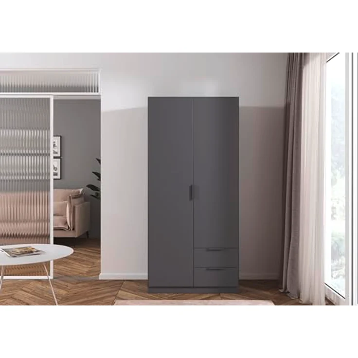 Rauch Möbel Lagoa, Kleiderschrank, Garderobe für Schlafzimmer, Kinderzimmer, Jugendzimmer 2-türig, 2 Schubladen, mit Zubehör Premium, Farbe Grau metallic, Schwarz, Breite 91 – Bild 3